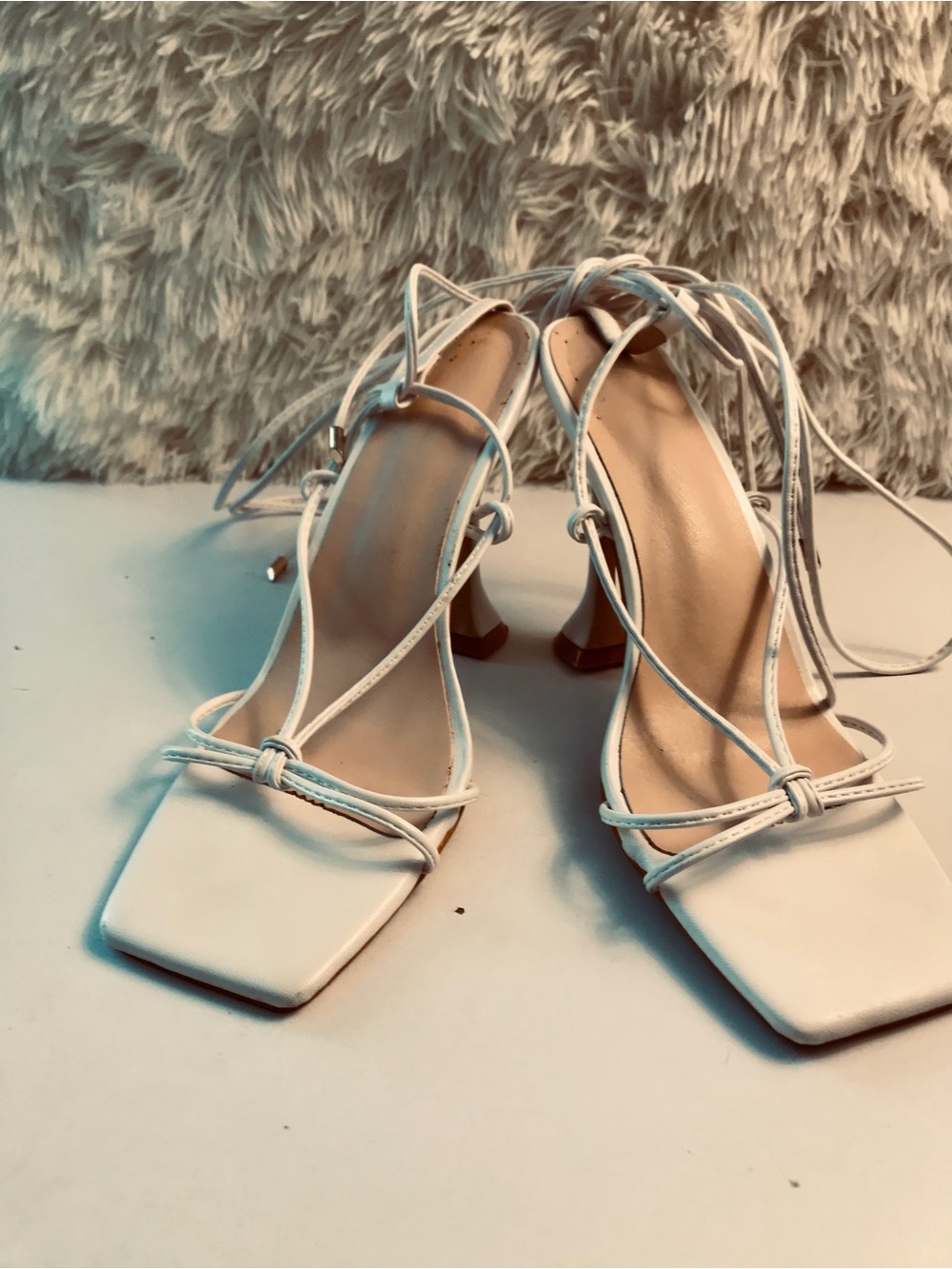 Strappy White Square-Toe Lace-Up Heels